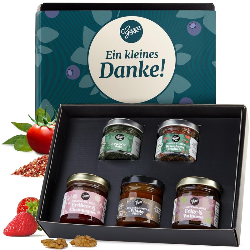 Mini Danke Geschenkbox mit Gewürzen, Konfitüren & Edelsauce 5x50ml