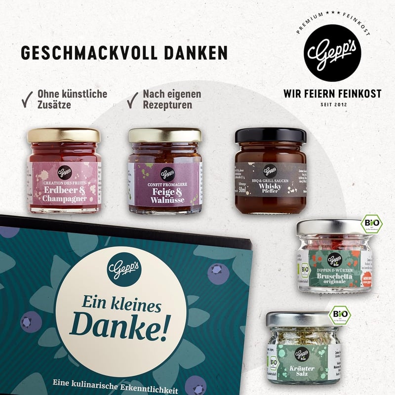 Mini Danke Geschenkbox mit Gewürzen, Konfitüren & Edelsauce 5x50ml
