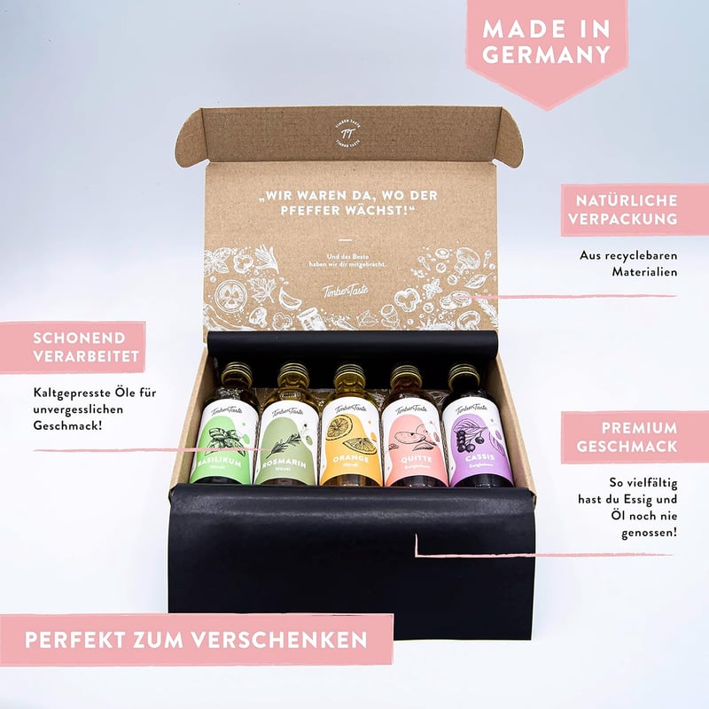 Muttertagsgeschenk: TIMBER TASTE® Essig & Öl Set für Frauen (5x40ml)
