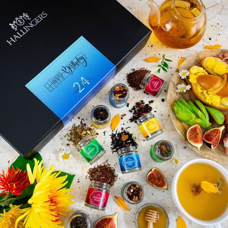 Veganer Tee-Geburtstagsgeschenkset in Schraubgläsern – 24 Sorten