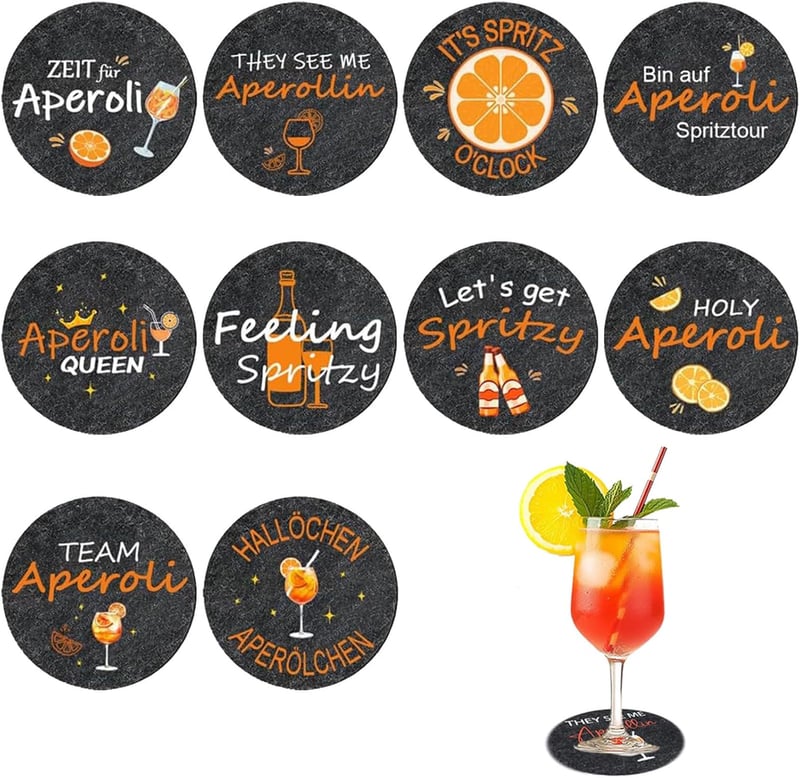 10 Stück Aperol Filz Untersetzer – Lustige Tischdeko für Weinliebhaber