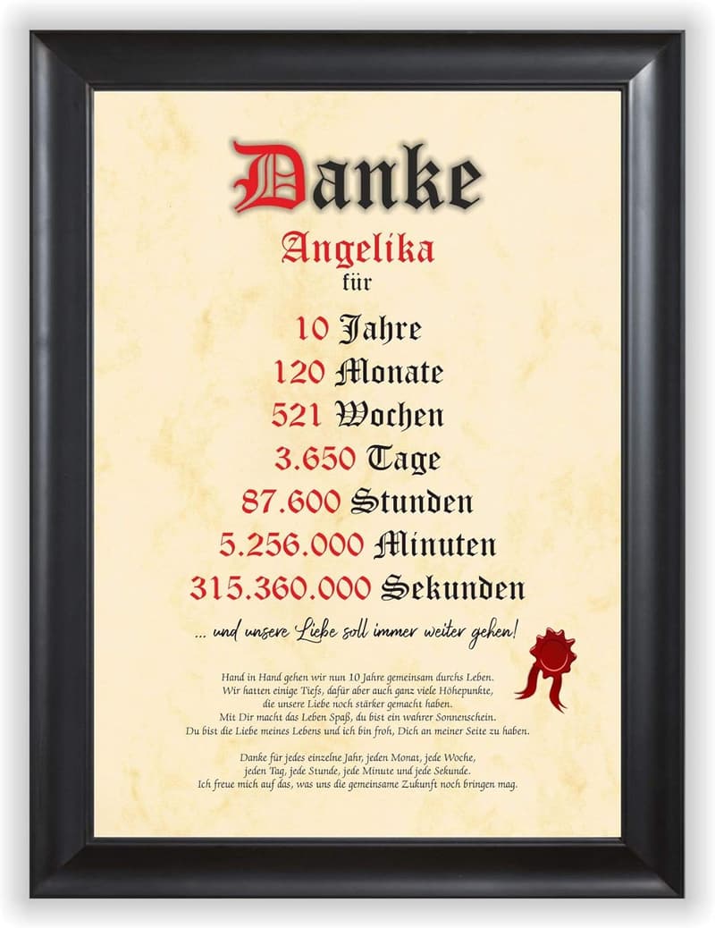 Personalisierte Urkunde zum 10. Hochzeitstag für Paare