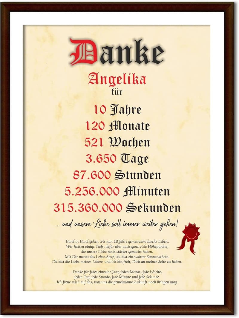 Personalisierte Urkunde zum 10. Hochzeitstag für Paare