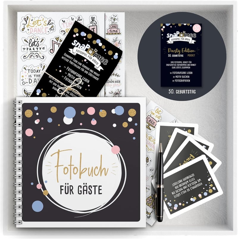 Fotospiel Set zum 50. Geburtstag - Hardcover-Gästebuch mit Aufgaben und Stickern