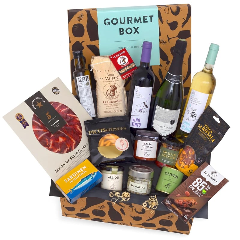 Gourmet-Präsentkorb mit Wein und spanischen Delikatessen für Feinschmecker