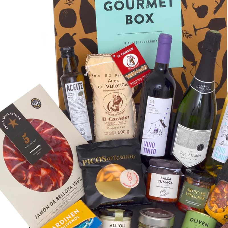 Gourmet-Präsentkorb mit Wein und spanischen Delikatessen für Feinschmecker