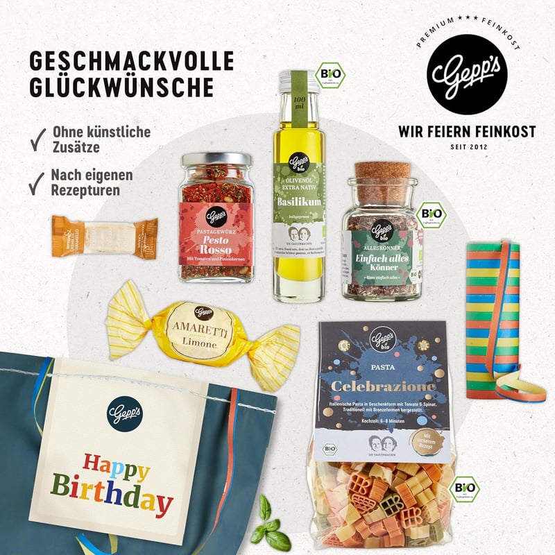 Gourmet-Geschenkset zum Geburtstag - Handgemachte Pasta, Pesto und Gewürze