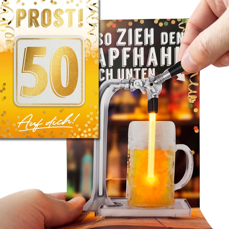 Karte zum 50. Geburtstag mit beweglichem Bierzapfhahn