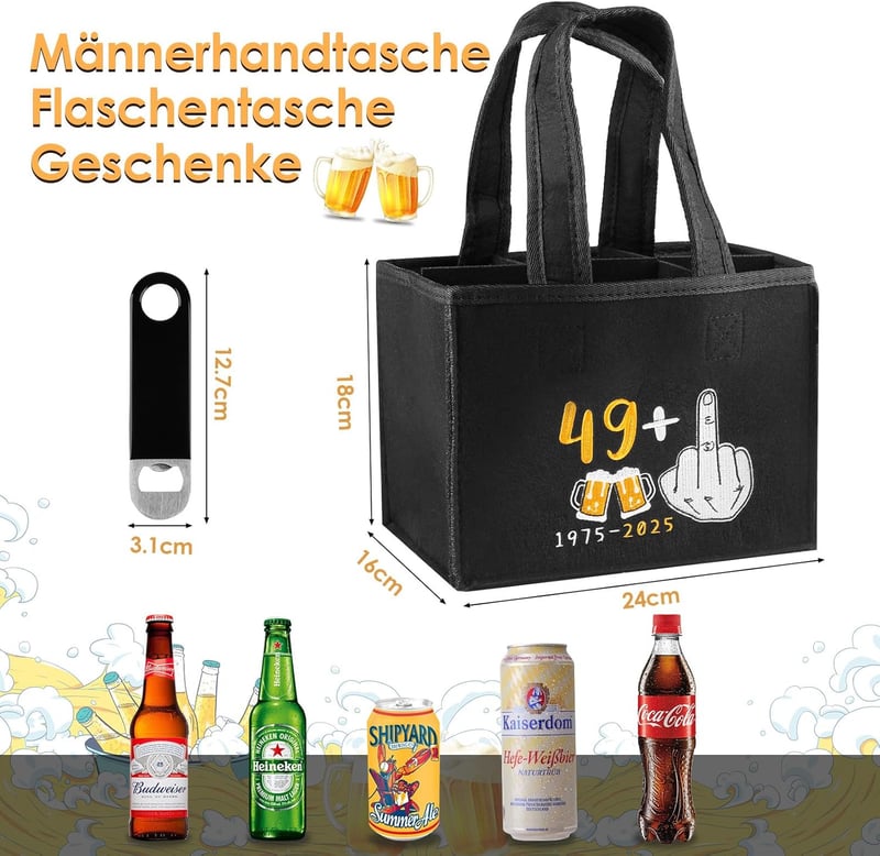 50. Geburtstag: Filz Flaschentasche für Männer mit Stickmuster, 6 Flaschen