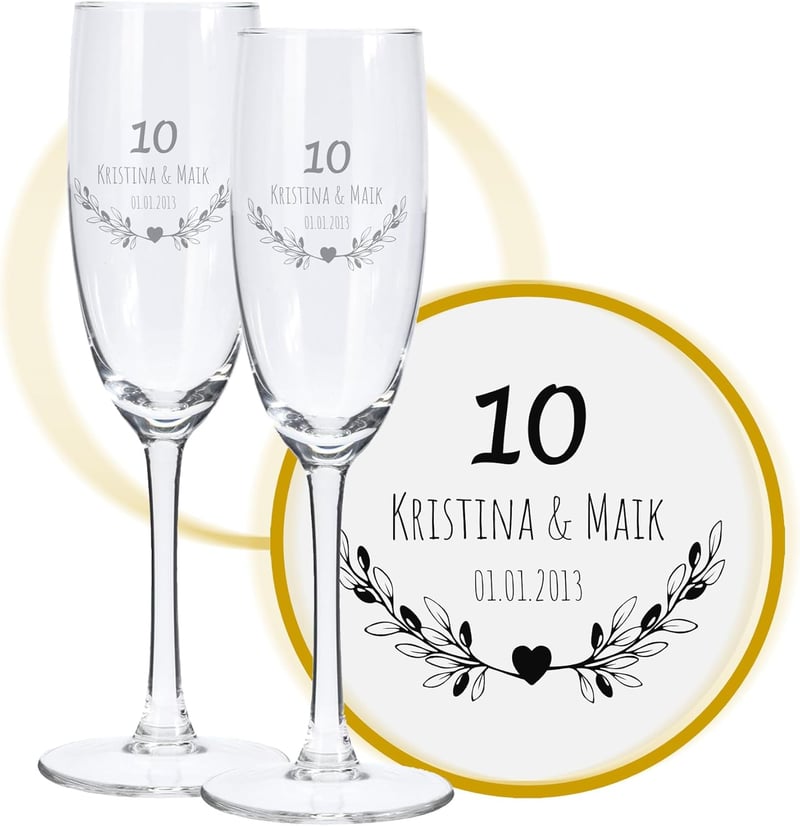 Personalisierte Sektgläser mit Gravur zum 10. Hochzeitstag, 2 Stück