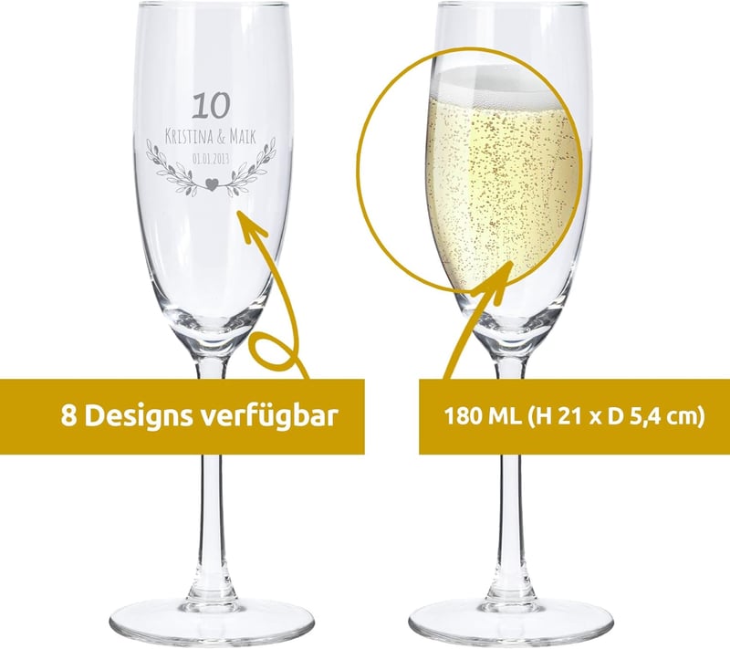 Personalisierte Sektgläser mit Gravur zum 10. Hochzeitstag, 2 Stück