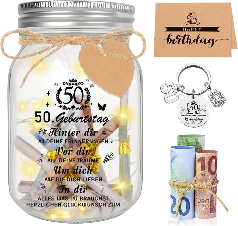 50. Geburtstag Geschenk für Paare, Dekoflasche mit Lichterkette und Schlüsselanhänger