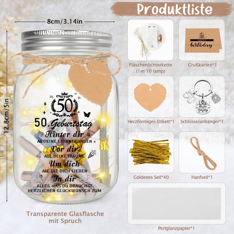 50. Geburtstag Geschenk für Paare, Dekoflasche mit Lichterkette und Schlüsselanhänger