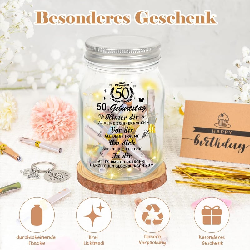 50. Geburtstag Geschenk für Paare, Dekoflasche mit Lichterkette und Schlüsselanhänger