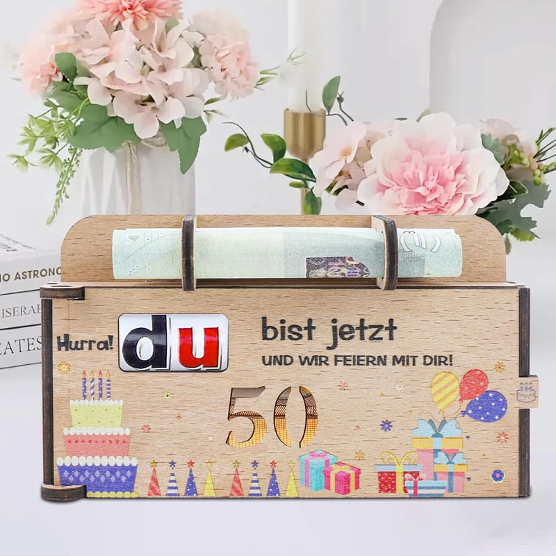 Originelle Geschenkbox für Geldgeschenke zum 50. Geburtstag aus Holz
