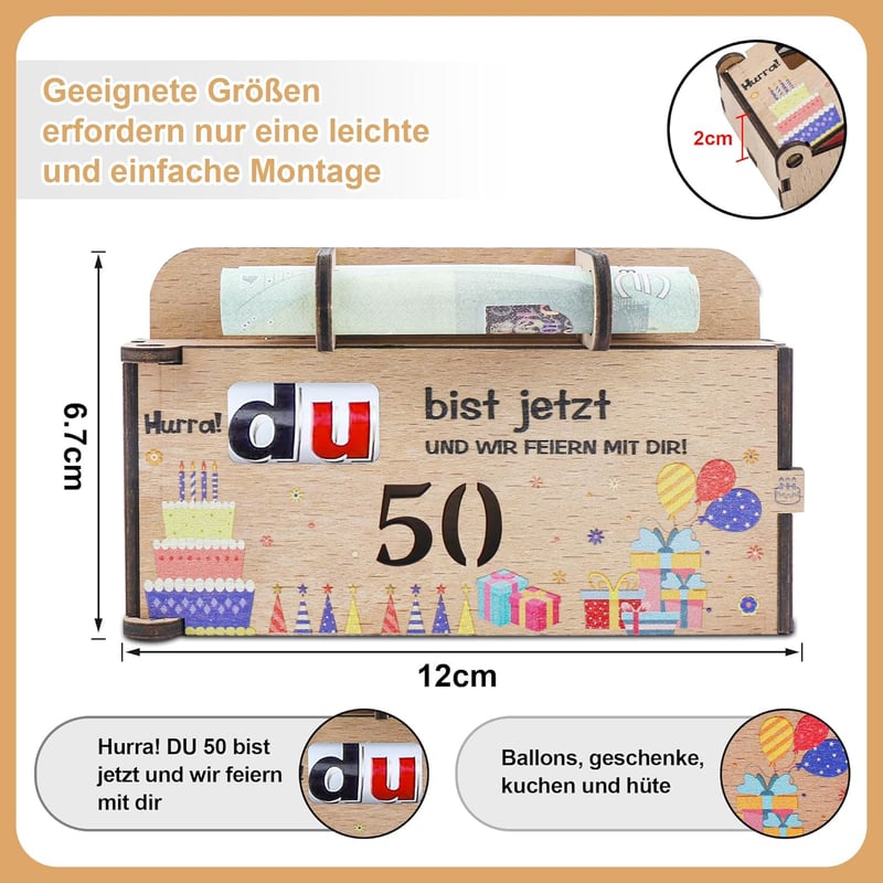 Originelle Geschenkbox für Geldgeschenke zum 50. Geburtstag aus Holz