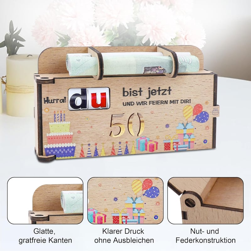 Originelle Geschenkbox für Geldgeschenke zum 50. Geburtstag aus Holz