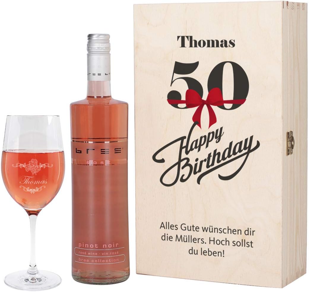 50. Geburtstag Geschenkset: Graviertes Weinglas mit Bree Wein in Geschenkkiste