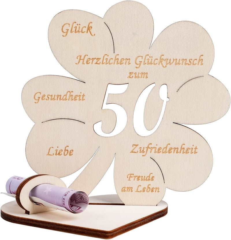 Personalisierte Kleeblatt-Holzschild-Geldgeschenk zum 50. Geburtstag