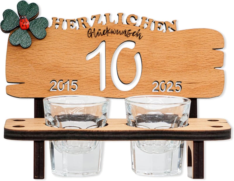 Schnapsbank aus Holz mit 2 Gläsern für 10. Jahrestag und Jubiläum