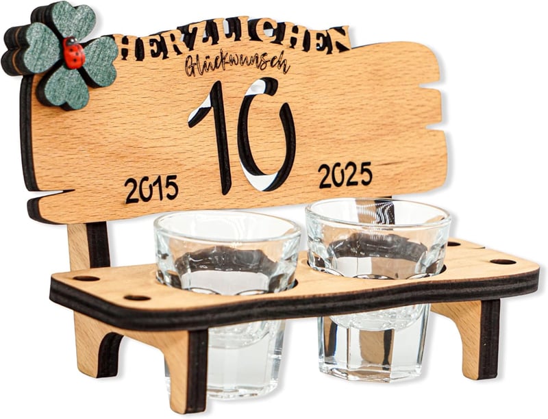 Schnapsbank aus Holz mit 2 Gläsern für 10. Jahrestag und Jubiläum