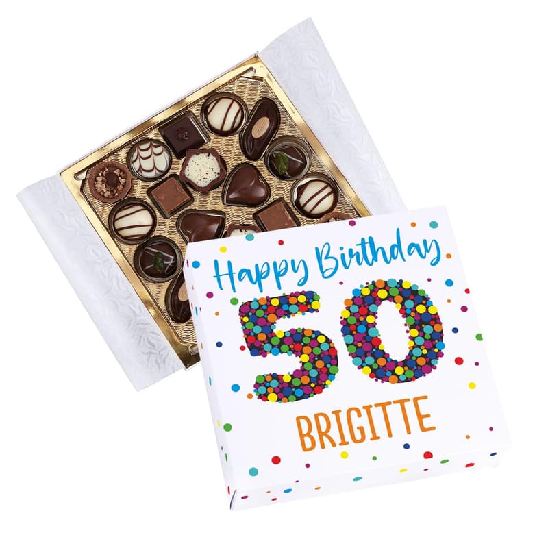 Geburtstags-Pralinen in personalisierter Verpackung für den 50. Geburtstag