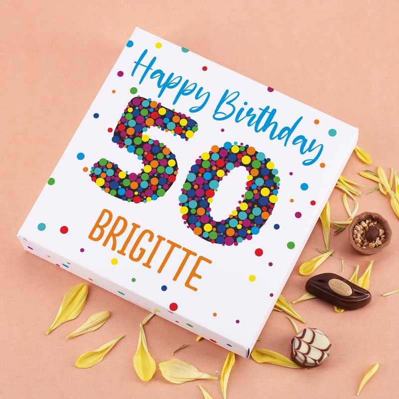 Geburtstags-Pralinen in personalisierter Verpackung für den 50. Geburtstag