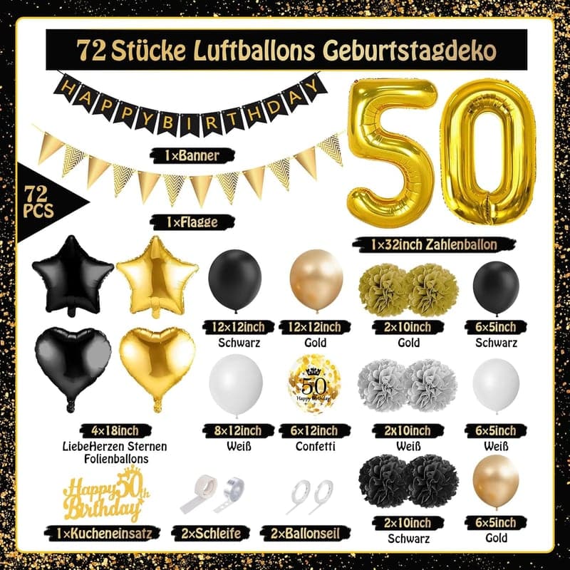 Deko-Set Gold für den 50. Geburtstag – Luftballons und Konfetti