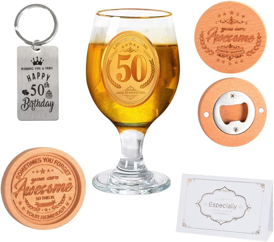 Personalisierte Biergläser mit Flaschenöffner zum 50. Geburtstag für Männer