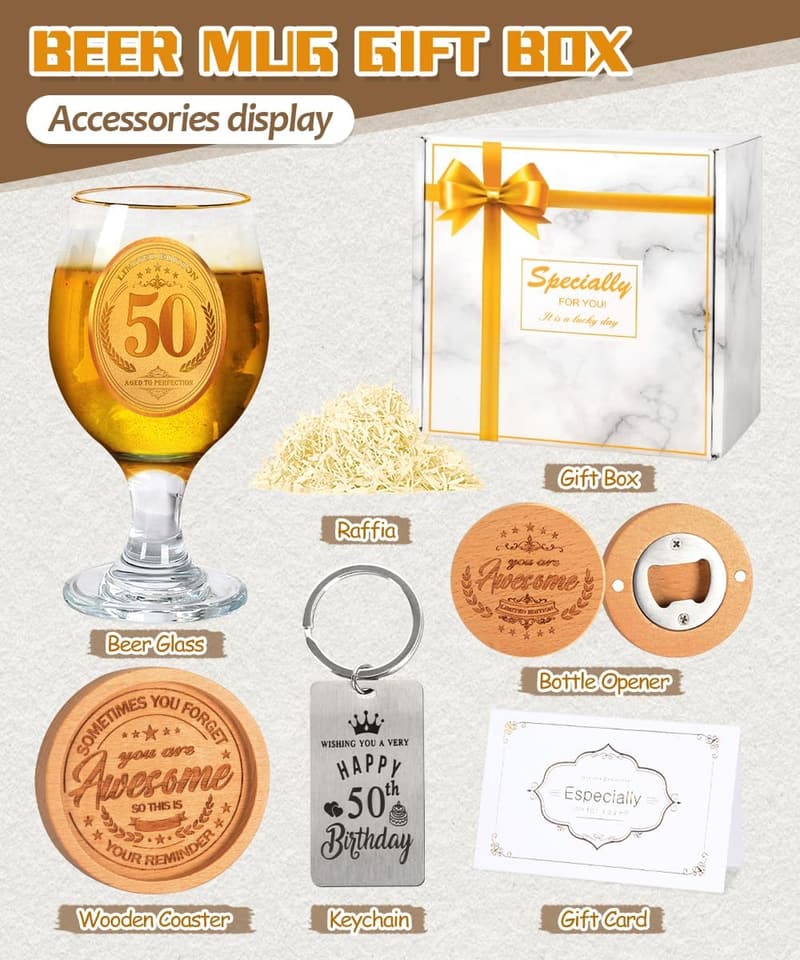 Personalisierte Biergläser mit Flaschenöffner zum 50. Geburtstag für Männer