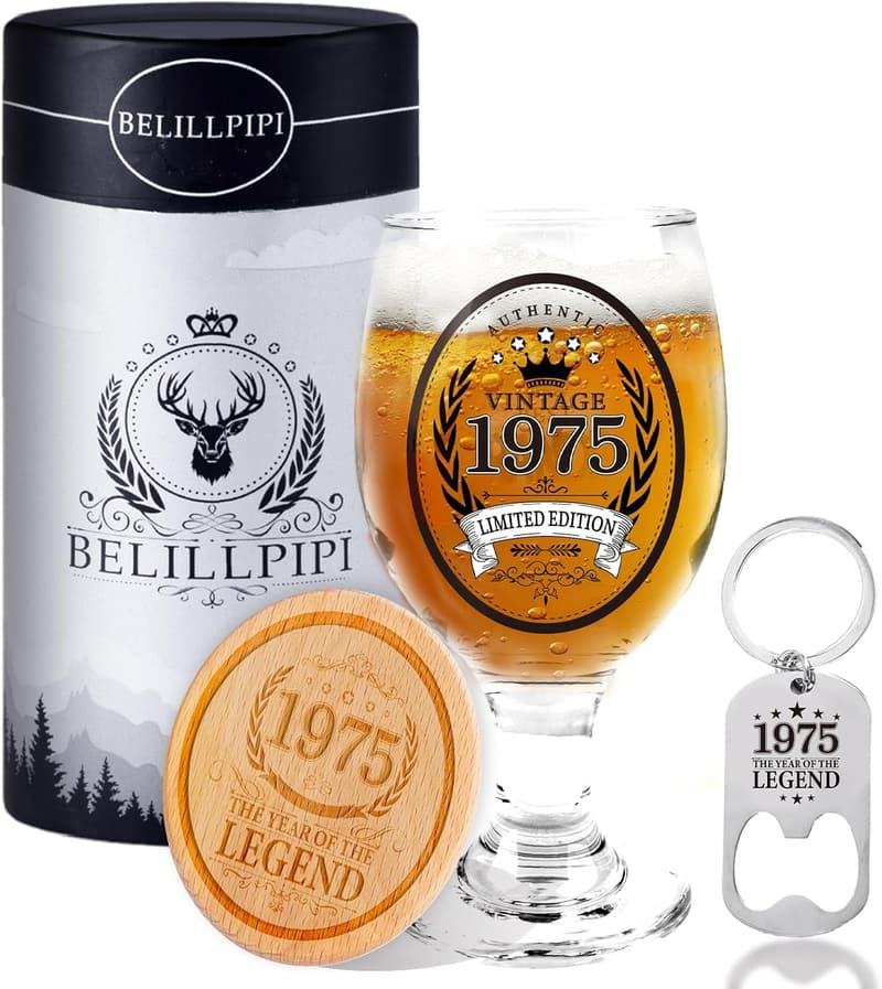 Bierglas mit Untersetzer und Flaschenöffner zum 50. Geburtstag für Männer