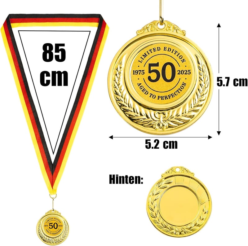 50. Geburtstag Medaille aus Metall mit schwarz-rot-goldenem Band