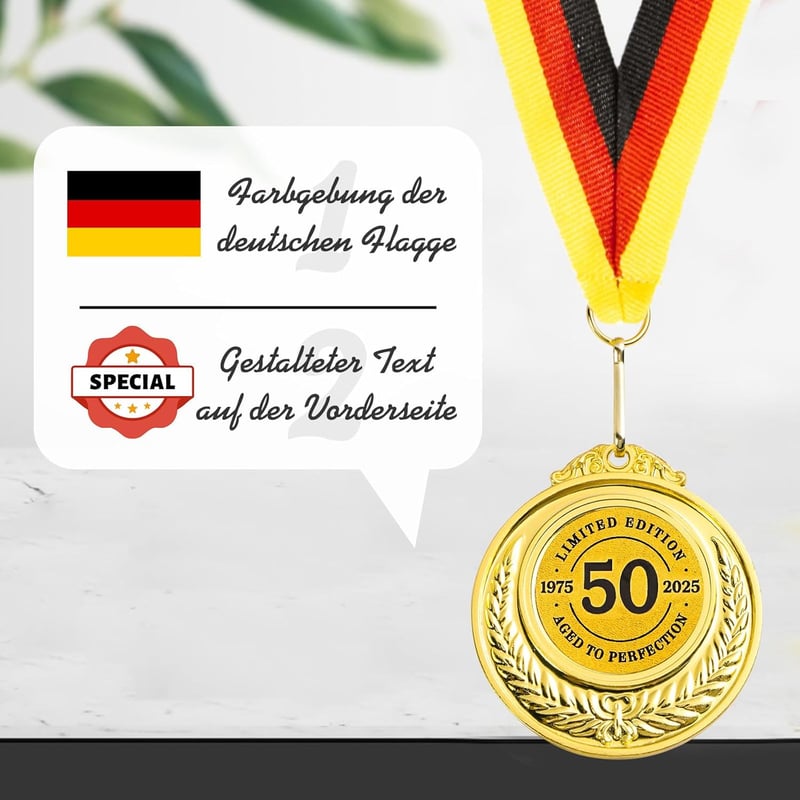 50. Geburtstag Medaille aus Metall mit schwarz-rot-goldenem Band
