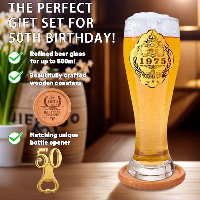 50. Geburtstag Bierglas mit Gravur für Männer, personalisierte Deko 580ml
