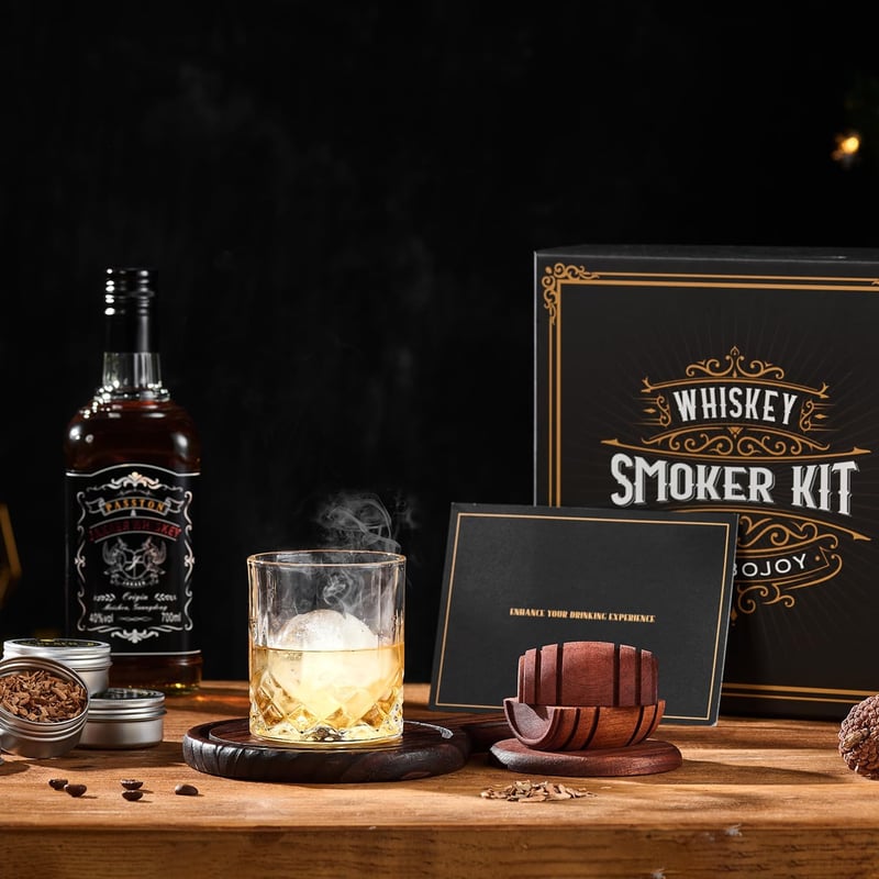 Whiskey Smoker Set mit Holzchips, 2 Gläsern und Eisformen für Männer