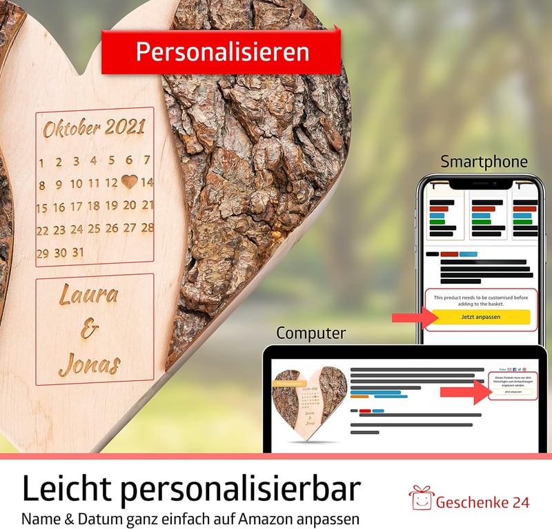 Personalisiertes Holzherz mit Gravur von Datum und Namen | Hochzeitsgeschenk