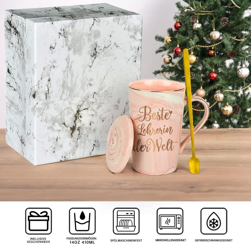 Abschiedsgeschenk für Lehrerin - Keramiktasse mit Deckel und Löffel, 400ML