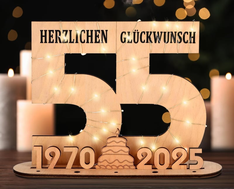 55. Geburtstag Geschenk für Frauen und Männer - Personalisierbares Holz-Schild mit LED-Lichterkette