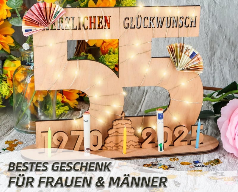 55. Geburtstag Geschenk für Frauen und Männer - Personalisierbares Holz-Schild mit LED-Lichterkette