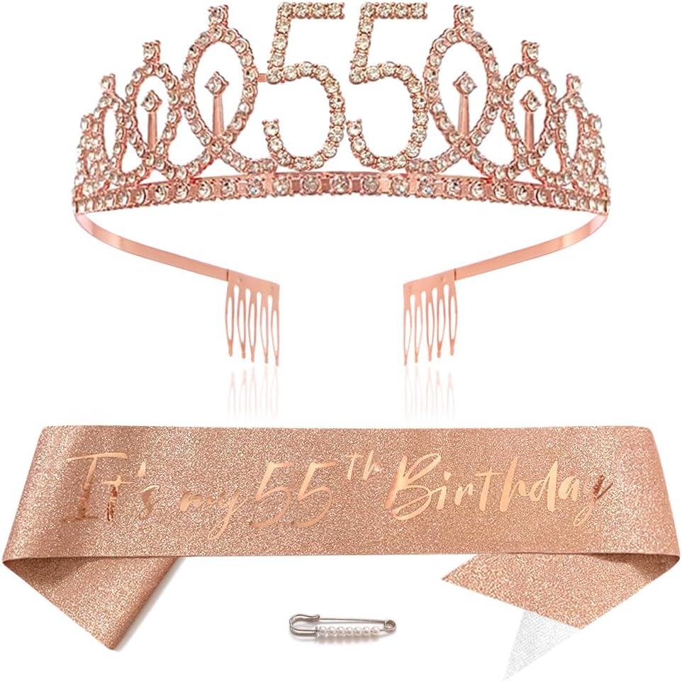 55. Geburtstag Deko: Roségoldene Krone & Schärpe für Mädchen