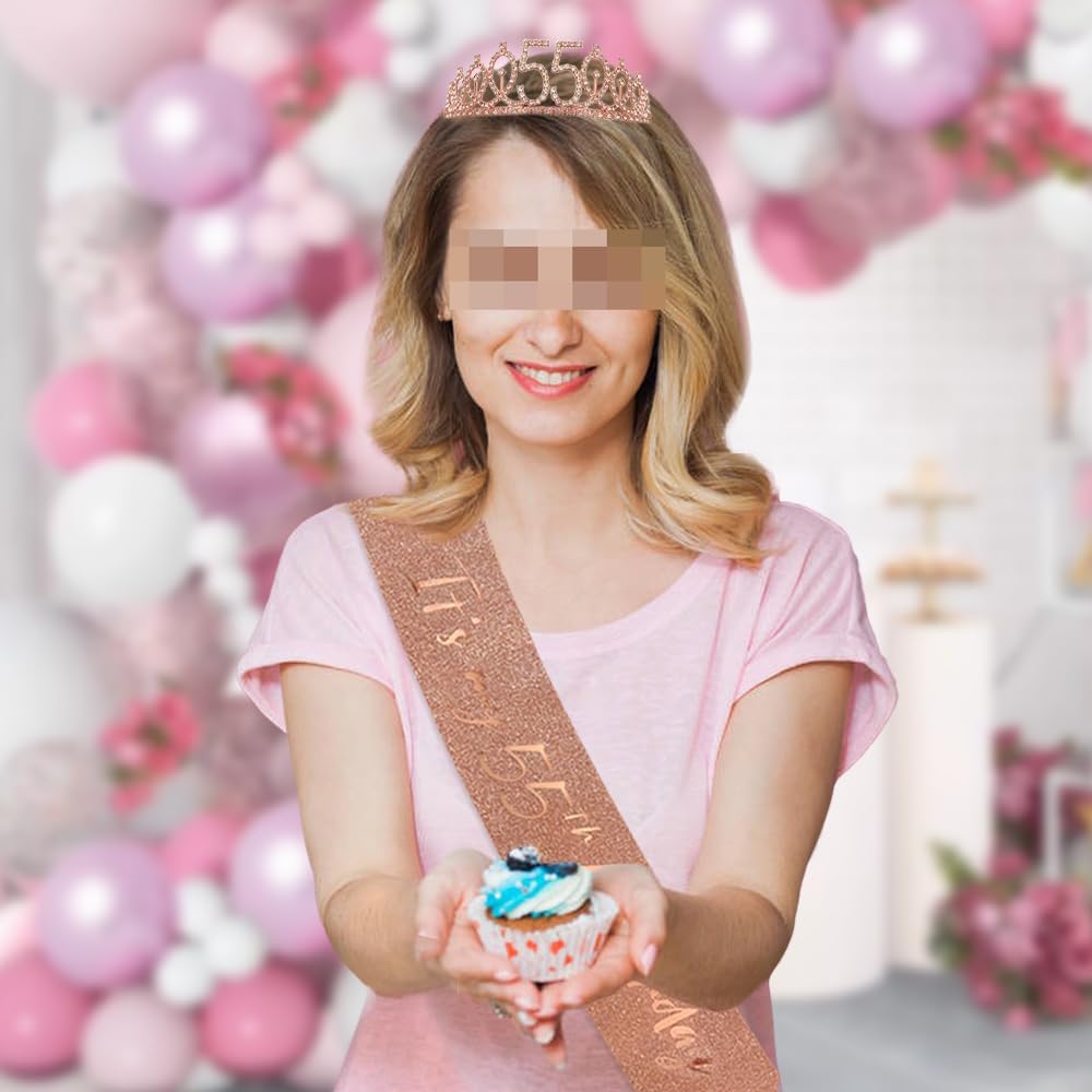 55. Geburtstag Deko: Roségoldene Krone & Schärpe für Mädchen