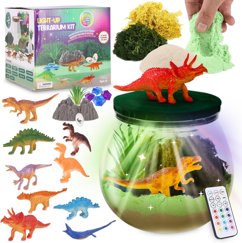Dino Terrarium Spielzeug Set für Kinder 3-12 Jahre – Bastelset & Nachtlicht