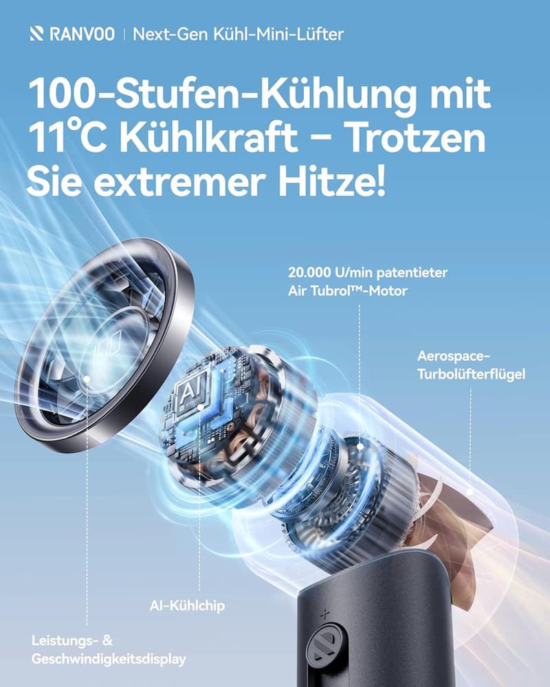 Kompakter Turbo Handventilator mit 100 Geschwindigkeiten – Wiederaufladbar, LED-Anzeige, tragbar, dunkelgrau
