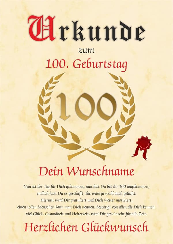 Personalisierte Geburtstagsurkunde zum 100. Geburtstag 1924