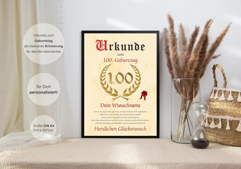 Personalisierte Geburtstagsurkunde zum 100. Geburtstag 1924