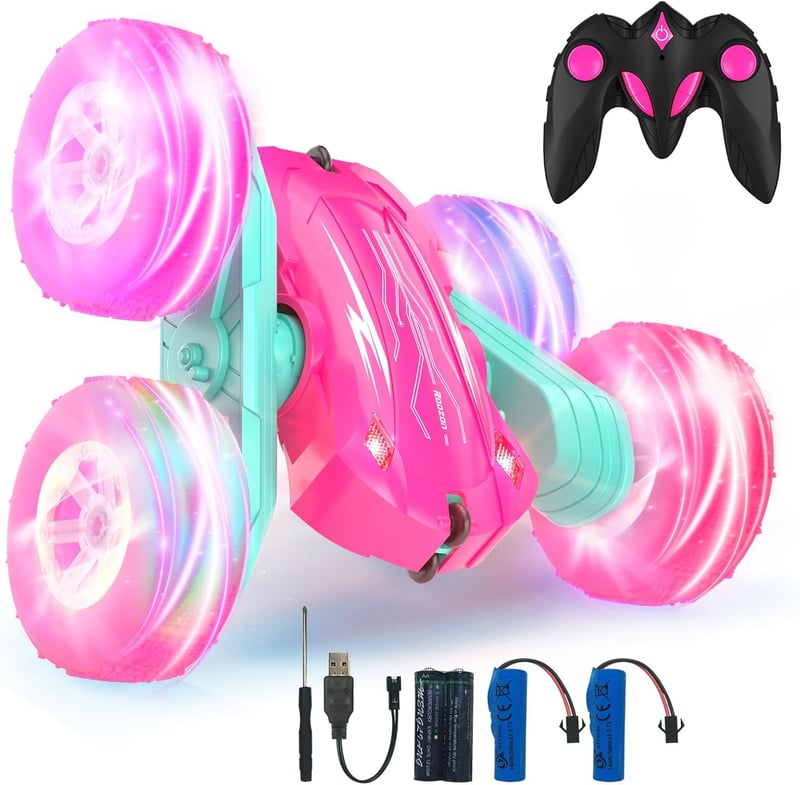 Ferngesteuertes Crawler Auto für Mädchen ab 3 Jahren - Rosa, 2.4GHz, 360° Flip, mit LED und 2 Batterien
