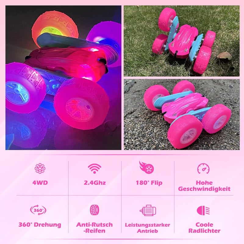 Ferngesteuertes Crawler Auto für Mädchen ab 3 Jahren - Rosa, 2.4GHz, 360° Flip, mit LED und 2 Batterien