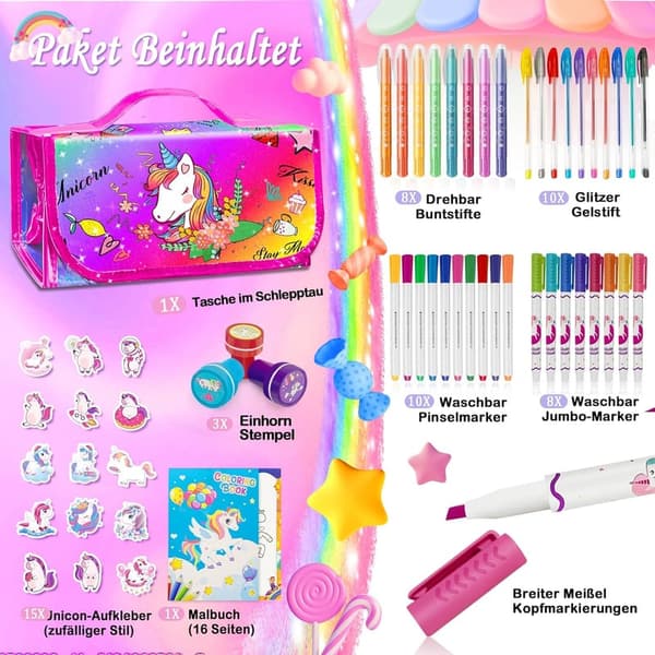 Einhorn Spielzeug für Mädchen, Filz- und Glitzerstifte, 4-7 Jahre