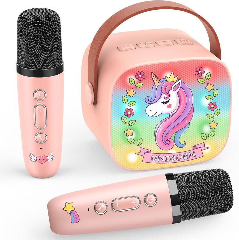 Einhorn Karaoke Maschine mit 2 Bluetooth Mikrofonen für Mädchen 3-12 Jahre