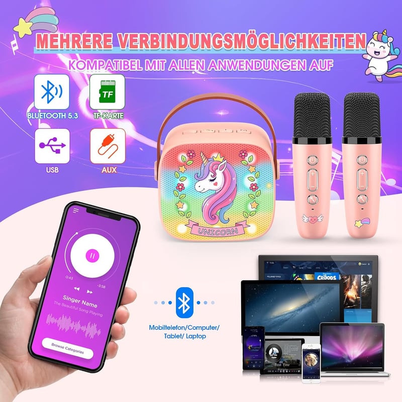 Einhorn Karaoke Maschine mit 2 Bluetooth Mikrofonen für Mädchen 3-12 Jahre